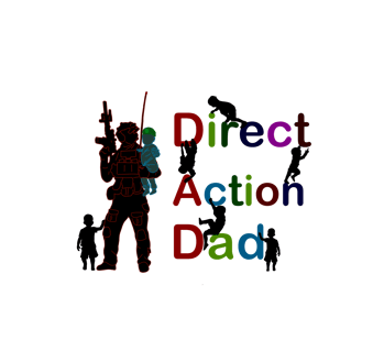 a man combat gear holding a rifle and a child with the words "Direct action Dad" 