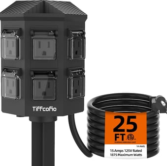 Outdoor Power Strip with Stake, 25 FT Extension Cord Waterproof, 6 Grounded Outlets for Outdoor