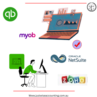 Illustration of an accountant working on a computer, surrounded by logos of popular accounting softw