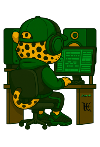 Leopardo Fresh CBD frente a ordenador con gorra y sudadera, estilo oficina