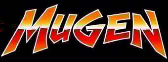 Stylized MUGEN logo with bold gradient letters transitioning from orange to red, outlined in white, set against a contrasting
