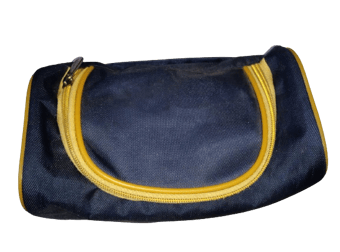 blue pouch with yellow zipper to keep products
