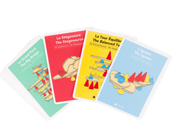 Educational game cards that shows tasks that the child must complete using silicone and wooden parts