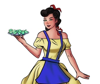 Illustrated woman, baking cookies, colorful artwork, vintage style, kitchen scene