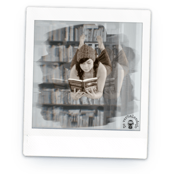 A reading woman who's flying in front of a bookcase
