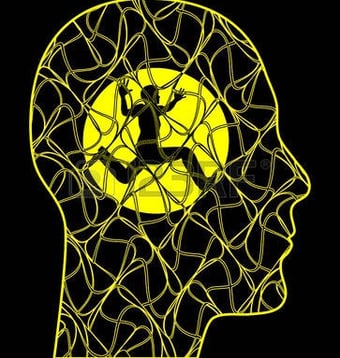 Tête humaine artificielle quadrillée jaune bonhomme qui court dedans symbolique de crise de panique