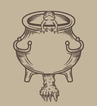 Hand-drawn artwork, cauldron, frog, monster foot, whimsical design, creative art