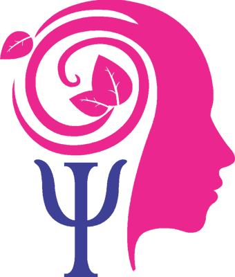 a woman's head with a pink and blue logo