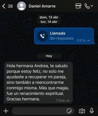 Cliente Daniel compartiendo su experiencia positiva tras un ritual de endulzamiento realizado por la Bruja Samara.