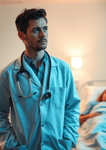 a male doctor in a hospital standing near a hospital bed