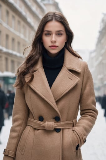 a woman in a coat and black turtle neck sweater