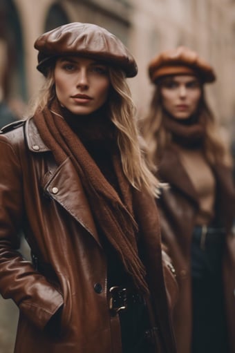 two women in leather jackets and hats are standing in a row