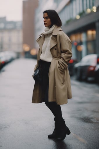a woman in a coat and boots standing on a street