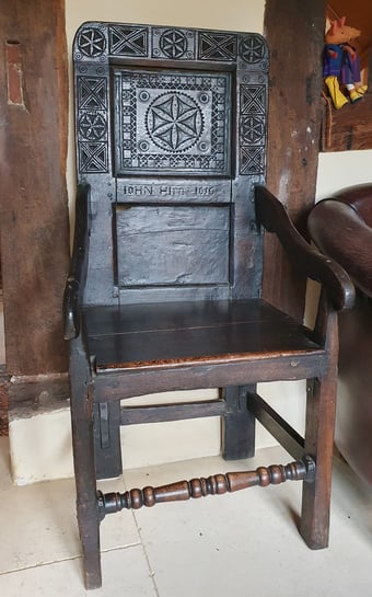 The chair at Steeple Ashton, dated 1656 and intricately carved with geometric designs