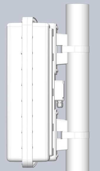 Side view of direct pole mount Plasdev housing strapped in place