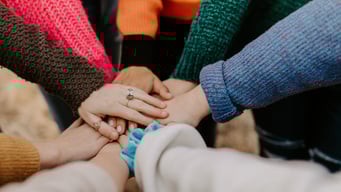 People holding hands in center. Organizational culture.