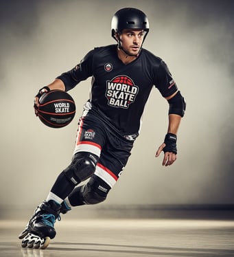 a man in a black shirt and knee pads on a skateboard