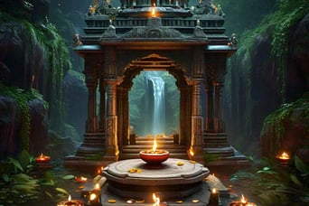 a temple with candles and candles on a table