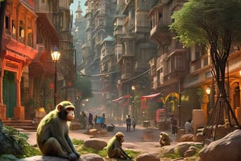 a monkey sitting on a rock in a city