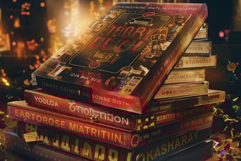 a stack of books with confetti on them
