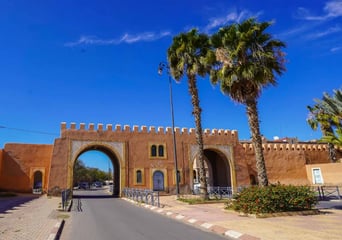 a gated entrance to a building with palm trees