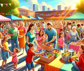 An illustration of children and parents happily sorting and recieve donated food