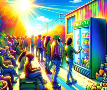 An illustration of community and family members taking donated food from a charity machine