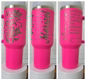 Hot pink stainless steel tumbler with metallic floral engraving - san antonio
