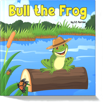 A colourful children's book cover featuring a bright green frog wearing a wide-brimmed hat while sitting on a log in the pond