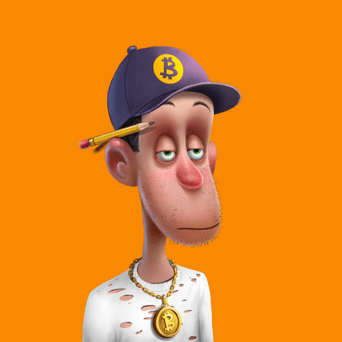 a cartoonish looking man with a pencil behind his ear and a Bitcoin hat and necklace