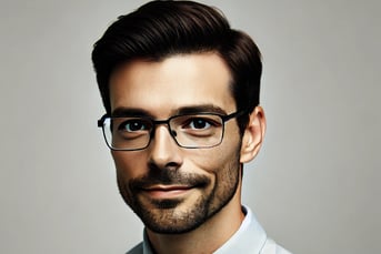 Image of a bookkeeper, about 35 years old, with glasses on, and a beard looking at the camera.