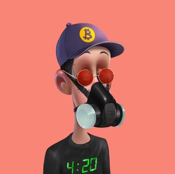 a Toker wearing a gas mask and a Bitcoin hat