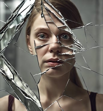 Picture of a broken mirror with a girl's reflection in it