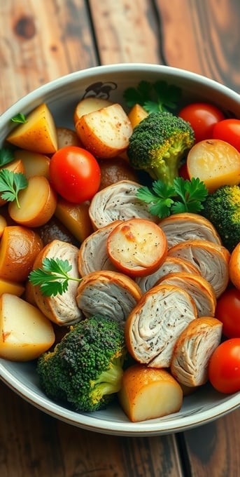 a bowl of vegetables and potatoes on a wooden table