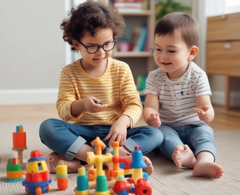 A young child engages in a creative activity, painting with their fingers on paper, while an adult assists and guides them. The child, adorned in a pink tutu-like skirt, appears focused on the task. The setting includes a pink chair and a bright yellow frame in the background.