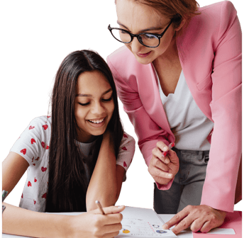 "Female teacher helping a young girl student with her studies."