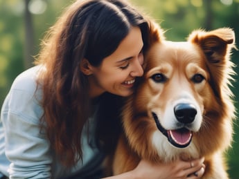 A young girl with long dark hair, wearing a heart-patterned shirt and sparkling cat ear headband, is leaning on a padded stool. Beside her sits a fluffy, tan-colored dog. Both the girl and the dog appear happy and relaxed, looking directly at the camera against a plain white background.