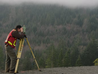 a man in a red vest and a yellow vest is holding a tripod