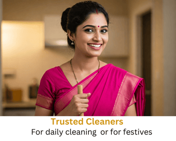 A smiling woman in a pink sari giving a thumbs‑up, captioned ‘Trusted Cleaners – For daily cleaning 