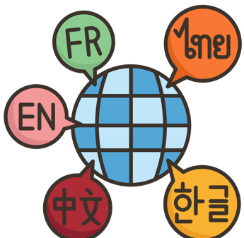 "Icon representing language tuition availability with a book, speech bubbles, and a globe."
