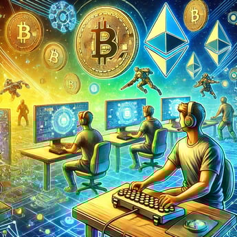 a man sitting at a desk with a computer and a bitcoin bitco