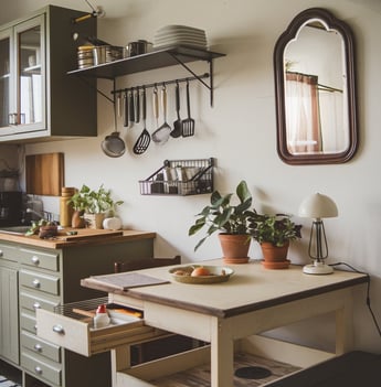 a kitchen with a table and a potted plant