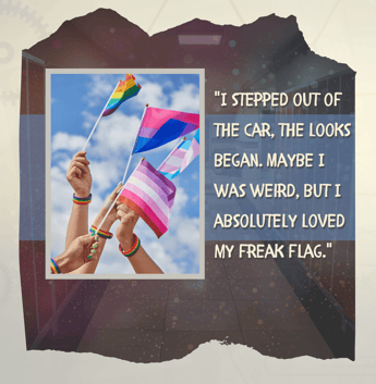 a person holding a rainbow - colored kite with a quote about the rainbow flag