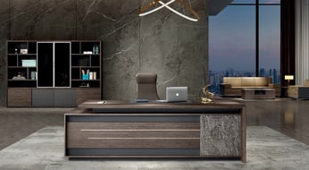 Executive office setup from the Mocardi Series featuring a modern dark wood desk with gold accents,