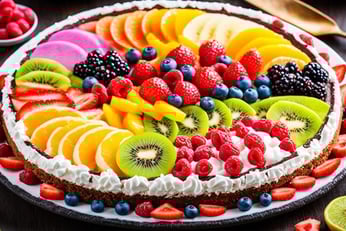 a cake with fruit on a plate with a knife and fork