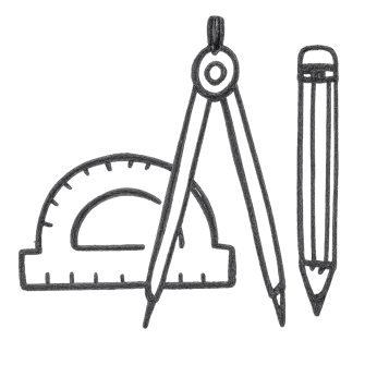 A child-like drawing of a protractor, a compass and a pencil to demonstrate education