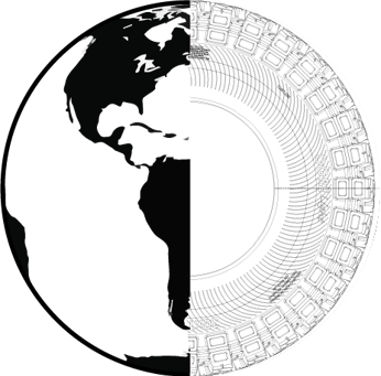 a black and white image of a globe with a map of the world and ogro tire design