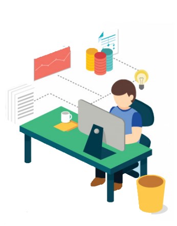 a man sitting at a desk with a laptop and a cup of coffee
