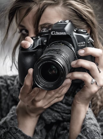 black DSLR camera floating over man's hand at the woods