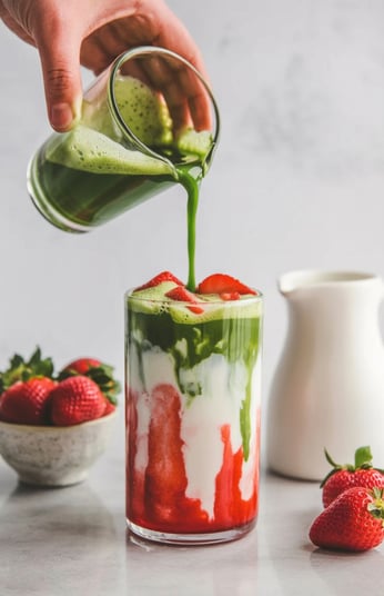 Green matcha poured over milk and strawberry layers